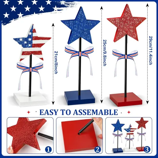 3 Pieces Independence Day Table Decorations Wood Star Set, Patriotic Tiered Tray Decor,Rustic Table Decorations {3}