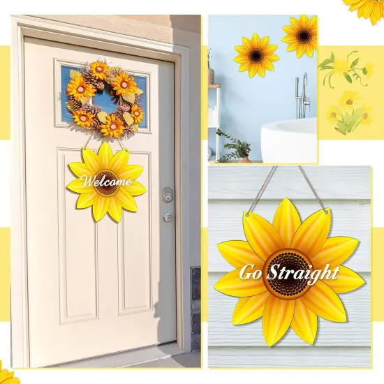 Unfinished Sunflower Wood Cutout Sunflower Sign Cutouts Sunflower Wood Door Hanger with 2.2 Yards Natural Rope for DIY Painting Hanging Welcome Sign Spring Summer Home Decoration (4) {3}