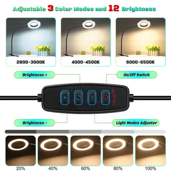 10X Magnifying Glass with Light, Clip on Mganifier with Light, 48 LED Desk Magnifying Glass wtih Clamp, 3 Modes Dimmable Magnifying LED Lamps for Bed Work Crafts DIY Repair {6}