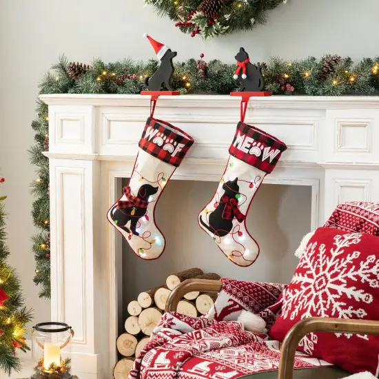 Set of 2 LED Embroidered Linen Christmas Stockings - Dog {4}