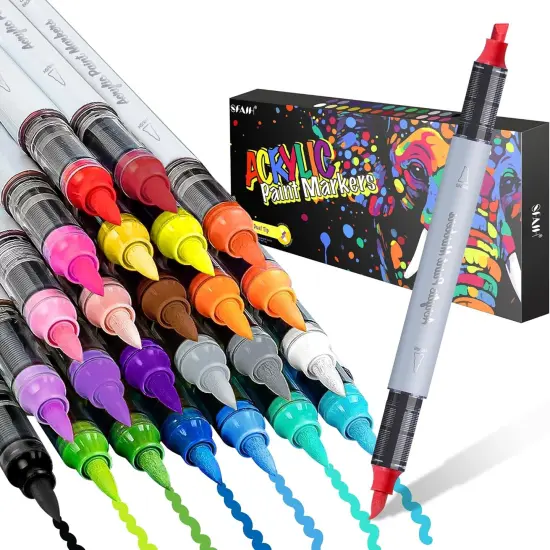 Acrylic Paint Markers, 24 Colors Dual Tips Acrylic Brush Markers With Chisel Tip, Automatic Ink Control, Ultra-High Coverage, No Bleed Water-Based Ink, Art Supplies for Rock, Canvas, Fabric {1}