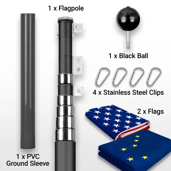 G128 Combo Pack: 20 Ft Telescoping Aluminum Flagpole (Black) & American and Alaska Flags 3x5 Ft, Both ToughWeave Series Embroidered Polyester | Pole with Flags Included {2}