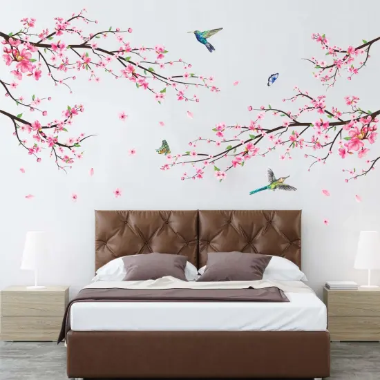 Amimagen Pink Watercolor Cherry Blossom Wall Stickers - Tree Branch Flower Birds Wall Decals - Bedroom Living Room Sofa TV Background Home Wall Decor {4}