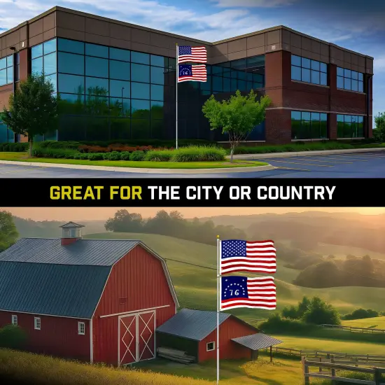 G128 Combo Pack: 20 Ft Telescoping Aluminum Flagpole (Silver) & American and Bennington Flags 3x5 Ft, Both ToughWeave Series Embroidered Polyester | Pole with Flags Included {5}