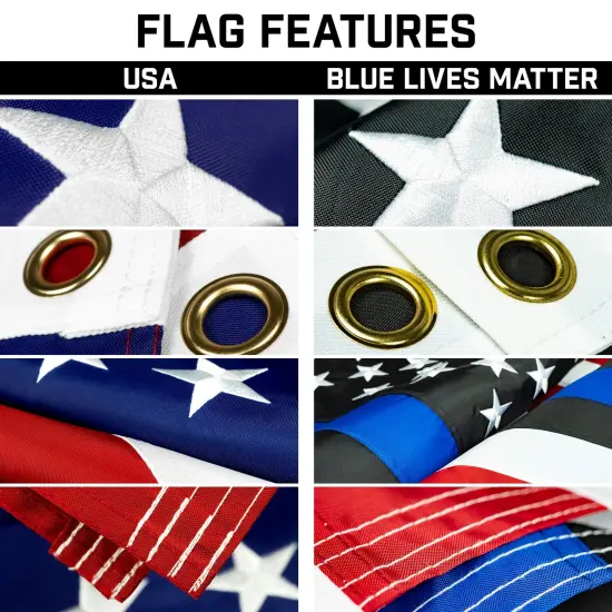 G128 Combo Pack: 20 Ft Telescoping Aluminum Flagpole (Black) & American and Blue Lives Matter Flags 3x5 Ft, Both ToughWeave Series Embroidered Polyester | Pole with Flags Included {3}