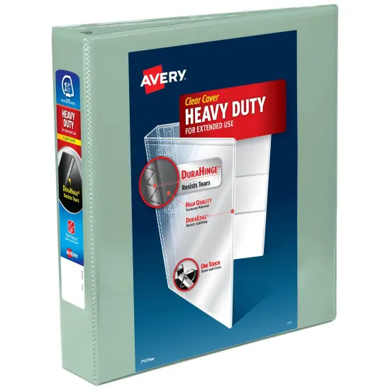 Avery Heavy-Duty View 3 Ring Binder, 1.5 Inch One Touch Slant Rings, 375-Sheet Capacity, DuraHinge, 2.1 Inch Wide Spine, Customizable Clear Cover and Spine, 1 Pastel Sage Green Binder (79819) {1}