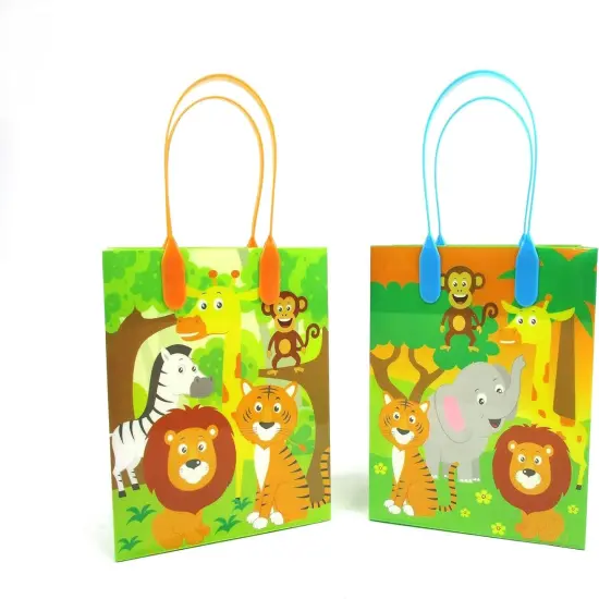 TINYMILLS Safari Animals Jungle Book Birthday Party Favor Set of 108 pcs (12 Large Party Favor Treat Bags with Handles, 24 Self-Ink Stamps for Kids, 12 Sticker Sheets, 12 Coloring Books, 48 Crayons) {6}