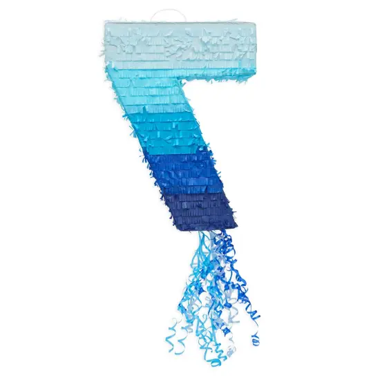 BLUE PANDA Ombre Blue Number 7 Pull String Pinata, Party Game for Kids Ages 3-14, Fillable Hanging Decoration for Birthday Decorations, Holds Candy, Toys & Confetti (16.5 x 11.35 In) {7}