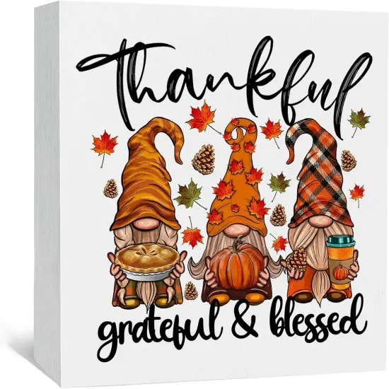 Fall Gnomes Wooden Signs - Thankful Grateful Blessed Fall Decor {1}