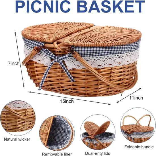 Picnic Basket with Blankets and Bamboo Plates Picnic Supplies Set Basket with Lid and Handle Wicker Picnic Basket Sturdy Woven Body with Washable Lining for Camping(Blue) {2}