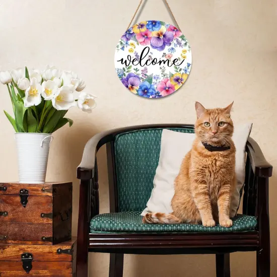 Pansy Flowers Butterfly Wooden Sign 12"x 12" Round Spring Hanging Door Sign Decoration {4}