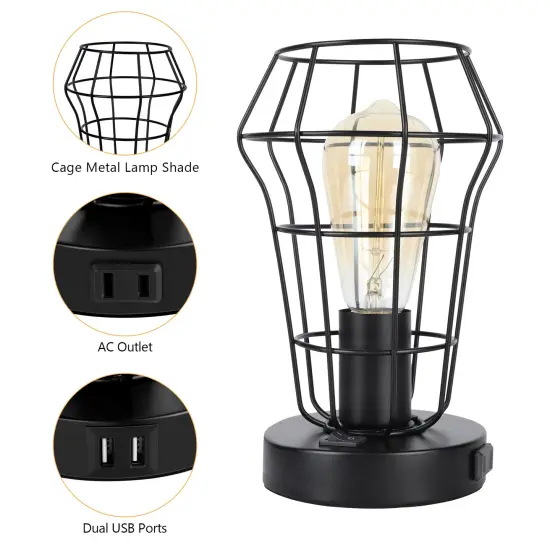 2PCS Industrial Cage Desk Lamps Vintage Table Lamps with Dual USB Ports & AC Outlet, UL-Certified Steampunk Bedside Lights for Office, Bedroom, or Gift {3}