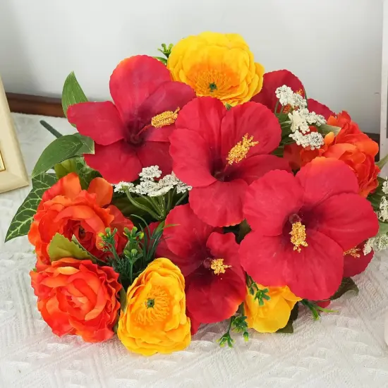 2pcs Silk Flowers with Stems- Artificial Hibiscus Mixed Fake Red Rose and Babys Breath; 24 Branches Faux Floral Sympathy Flowers for Cemetery Grave; Spring Decor for Wedding Home Centerpiece Vase {4}