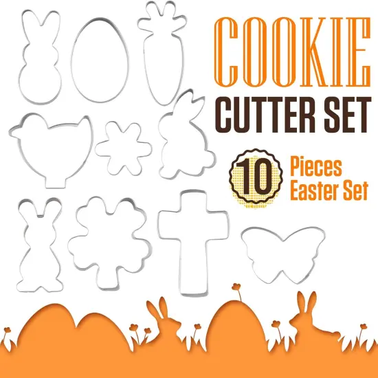 Easter Cookie Cutters 10 Piece - Stainless Steel, Butterfly, Rabbit, Flower, Egg, Shamrock, Bunny, Carrot, Side Rabbit, Cross, Chock Shapes, Food Safe, Animal Cookie Cutters {1}