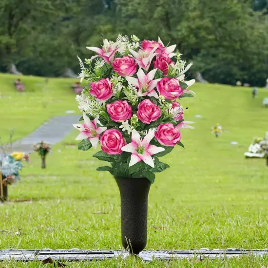 Memorial Day Flowers for Cemetery, 36 Stems Realistic Mixed Rose Lilies Artificial Flowers Bouquet Bush,Cemetery Flowers for Grave, 25.9 in. Sympathy Silk Cemetery Flowers {4}