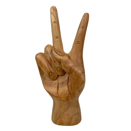 Carved Wooden Peace Sign Hand Gesture Statue Natural Finish 7.75 Inches High {1}