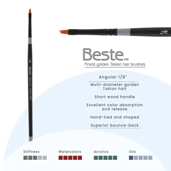 Creative Mark Beste Golden Taklon Angular 1/8" - 3 Pack Artist Paint Brush, Professional Watercolor Brushes, For Acrylic Painting, Short Handle, Sharp Edges, Hand-Tied & Shaped {3}