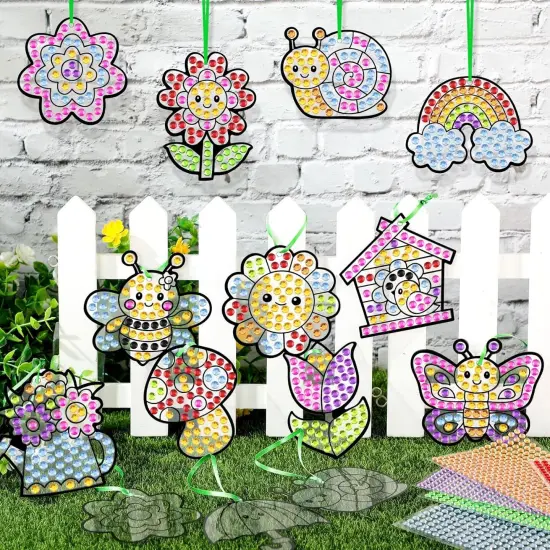 Spring Arts Activity Crafts DIY Spring Suncatcher Ornament Kits Butterfly Flower Gem Diamond Art Craft with Gemstone Stickers and Ribbons for Home Party Decor School Classroom Activities {2}