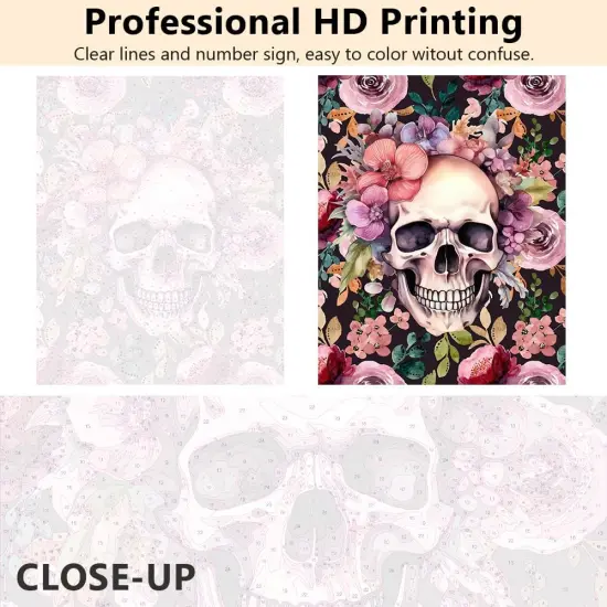 Paint by Numbers Kit for Adults, A Skull with Flowers Paint by Numbers with Paintbrushes and Acrylic Pigment, Skull Paint by Numbers Kit for Adults Beginner 16x20 Inch Frameless {2}