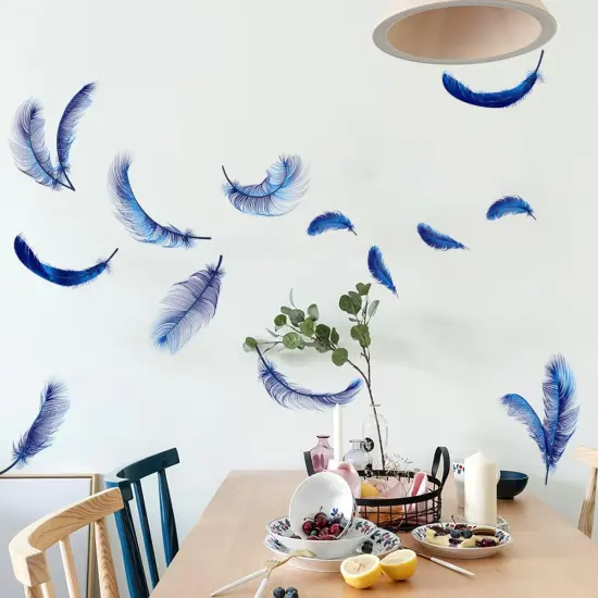 4 Sheets Blue Feather Wall Decals {1}
