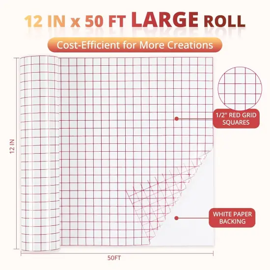 12 x 50 FT w/Alignment Grid Application Tape,Clear Vinyl Transfer Paper Tape Roll {3}