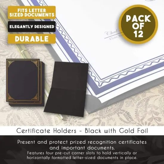 12-Pack Award Certificate Holders - Bulk Certificate Holders for Graduation, Diploma, Employee Appreciation, Certifications (fits 8.5x11) Black {3}