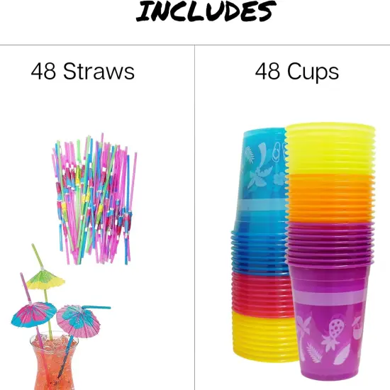 4E's Novelty 48 Pack Tropical Party Cups with Parasol Straws for Hawaiian Party Decor, Luau, Pool & Birthday Celebrations {3}