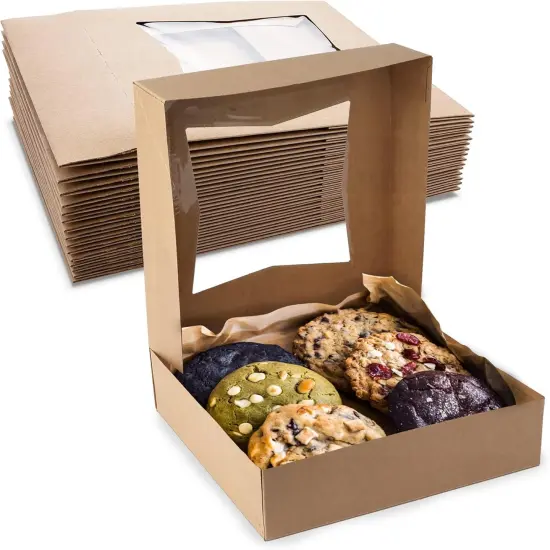 Brown Cookie Boxes 8" x 8" x 2.5" - Auto Pop-Up Bakery Boxes with Window (Pack of 25) - Made in the USA {1}