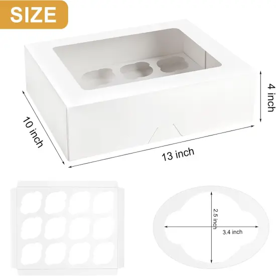 12 Count Cupcake Boxes, 12 Pack White Cupcake Containers with Windows and Inserts, Disposable Cupcake Carriers for Muffins, Treats, Pastries, 13 x 10 x 4 Inches {2}