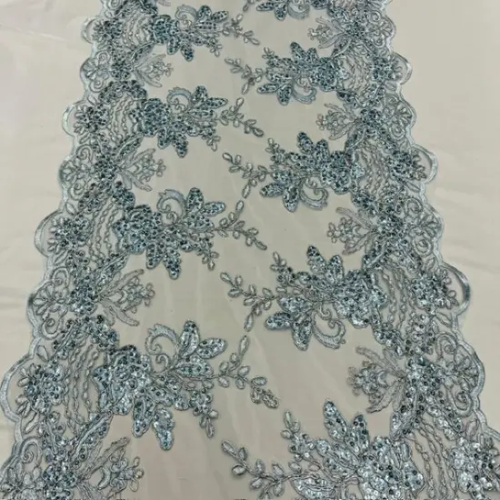 1 Yard Baby Blue Sequin Lace Fabric 100% Polyester Embroidered Mesh with Sequins {1}
