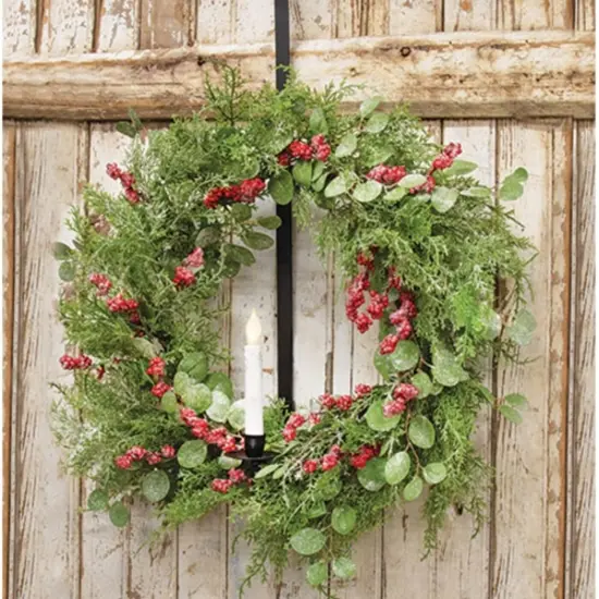 24" Snowy Eucalyptus and Cedar Wreath with Red Berries for Festive Winter Door or Wall Decor {4}