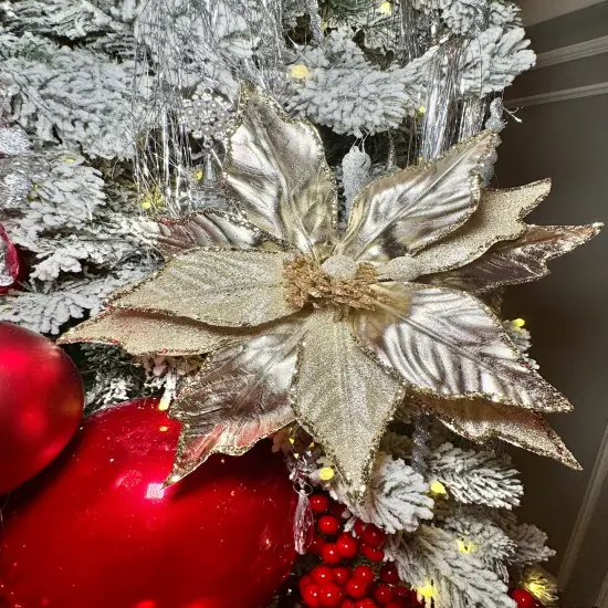 Christmas Flower Metallic Champagne Frosted Beads Poinsettia Stem Spray 12'' Set of 3 {1}