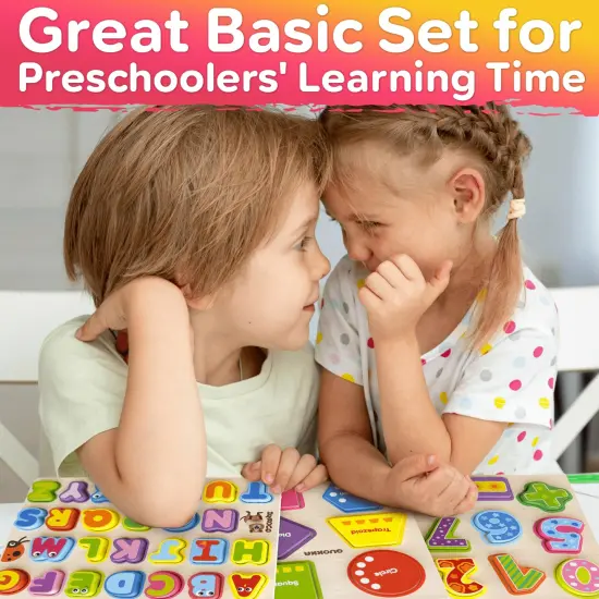 3 Set Chunky Wooden Puzzles for Toddlers | Alphabet, Numbers & Geometric Forms {6}