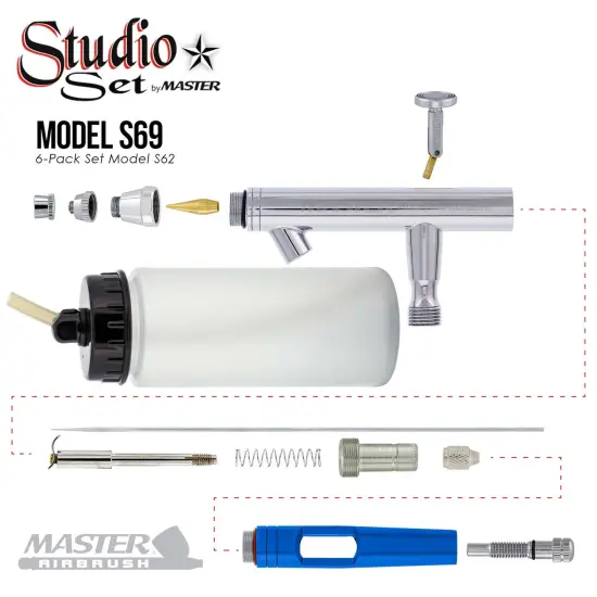 6 Master Hi-Flow S62 Dual-Action Siphon Feed Airbrushes with 0.5 mm tips, 2-3/4 oz Bottles, Color Coated Cutaway Handles & Storage Case {3}
