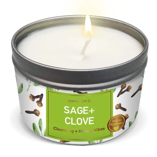 Magnificent 101 Long Lasting Sage + Clove Scented Smudge Candle | 6 Oz - 35 Hour Burn Time | Made of Soy Wax for House Energy Cleansing & Manifestation | Energize Your Financial Journey Multicolor {1}