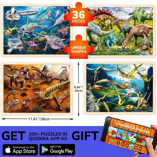 4 Set 36 Pcs Wooden Puzzles for Kids | Dinosaur World {2}