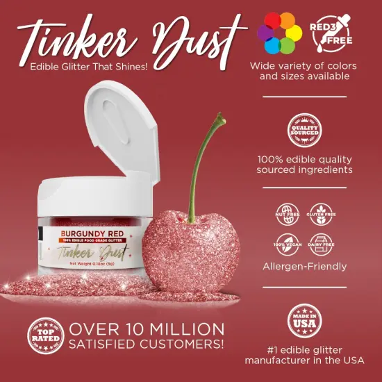 Bakell - Burgundy Red Tinker Dust Edible Glitter (5g, 1x Jar) for Food, Desserts, and Beverages! {2}