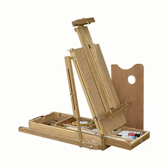 Creative Mark Cezanne Half Box French Easel - Oiled Elm Wood Plein Air Artist Easel, Holds Canvas Up to 33", Comfortable Handle, Divided Supplies Drawer, Brass Hardware, Telescoping Legs {4}