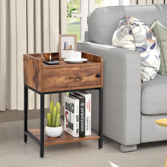 Costway Nightstand W/ Charging Station Sofa Side Table Storage Cabinet Shelf End Table {2}
