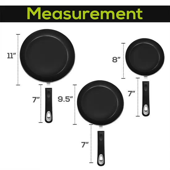 3 Piece Nonstick Frying Pan Set - Induction Bottom - 8 Inches, 9.5 Inches and 11 Inches (Grey-Black) {1}