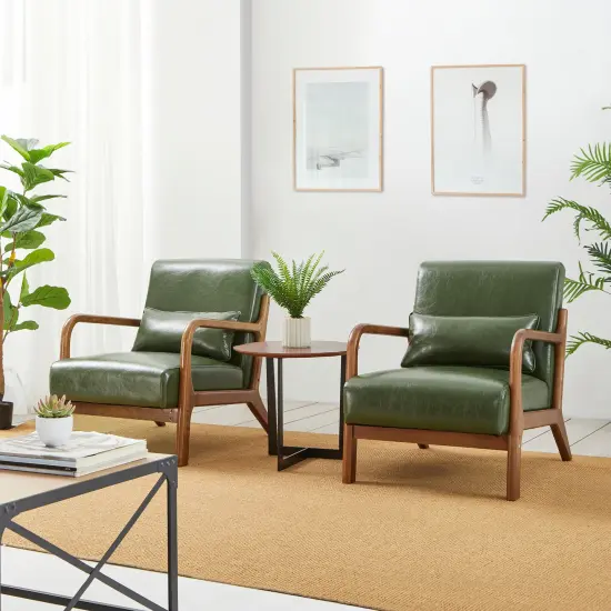 Set of 2 30.75"H Mid-Century Modern PU Leather Armchair Accent Chairs with Pillow Green {2}