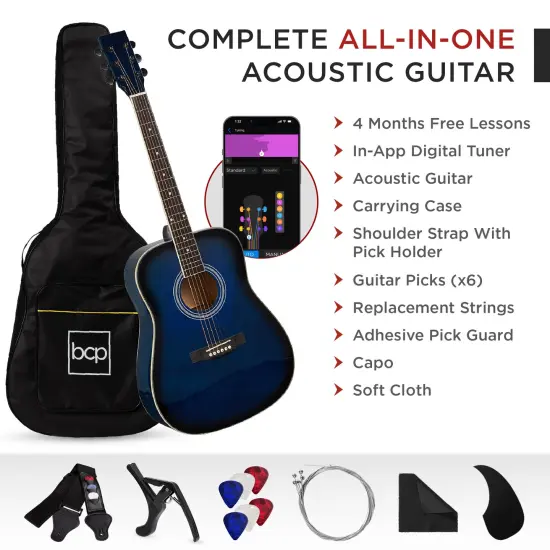 Best Choice Products 41in Full Size All-Wood Acoustic Guitar Starter Kit w/ Gig Bag, Pick, Strap, Rag Blue {3}
