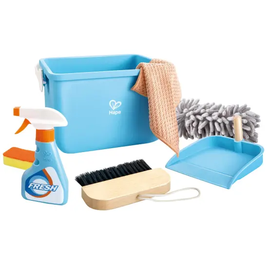 Hape: Scoot-Around Clean Up Bucket Set - 7pc, Yellow & Blue Cleaning Toy Playset, Bucket-Sprayer-Broom-Dustpan-Mop-Sponge-Duster, Pretend Play, Kid 3+ {4}