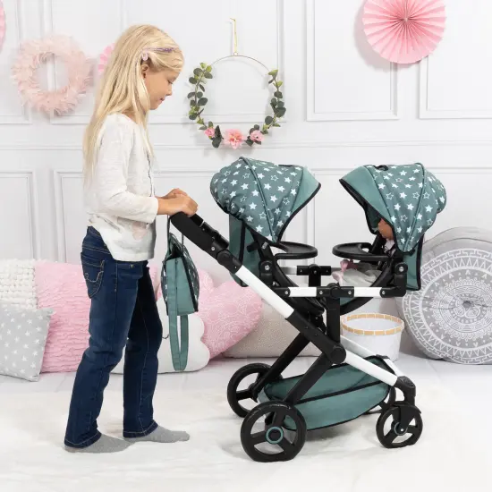 Bayer: Pram Xeo Twin - Green & White Stars - Seats 2 Dolls Up to 18", Shoulder Bag, Adjustable Handle, Foldable, Kids Toy, Ages 3+ {5}