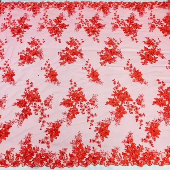 1 Yard Beaded Rhinestone 3D Floral Lace Fabric Embroidered Mesh Gown 52" Width Fuchsia {6}