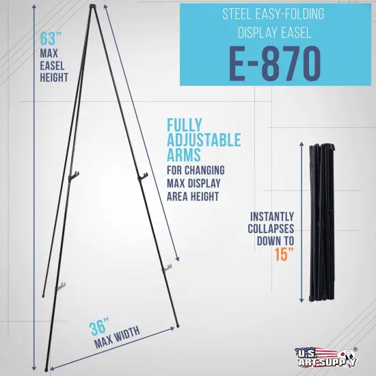 63" High Metal Folding Display Easel - Adjustable Height, Instantly Collapses, Holds 5 lbs - Portable Art Easel Stand - For Sign, Poster, Canvas, Painting, Picture Display {2}