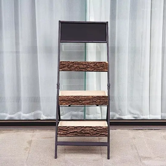 4 Tier Black Brown Metal Stand Natural Wood Planters Holders Home Decorations {2}