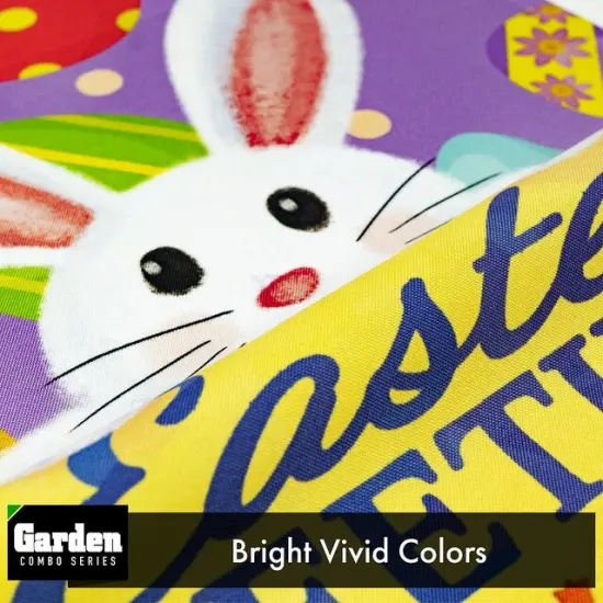 G128 Combo Pack: Garden Flag Stand Black 36x16 Inch & Garden Flag Easter Greetings with White Bunny Eggs 12x18 Inch {5}