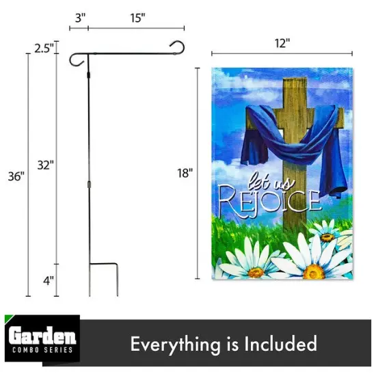 G128 Combo Pack: Garden Flag Stand Black 36x16 Inch & Garden Flag Let Us Rejoice Easter Cross 12x18 Inch {2}