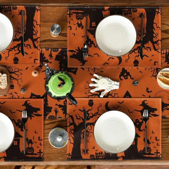 Orange Spooky Haunted House Witch Halloween Placemats Set of 4(Orange) {4}